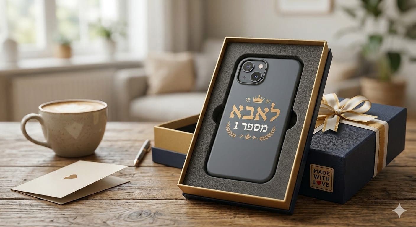 כיסוי טלפון עם הכיתוב "לאבא מספר 1" בתוך קופסת מתנה על שולחן.