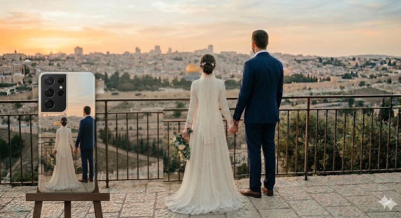 חתן וכלה עומדים יד ביד מול נוף ירושלים בשקיעה